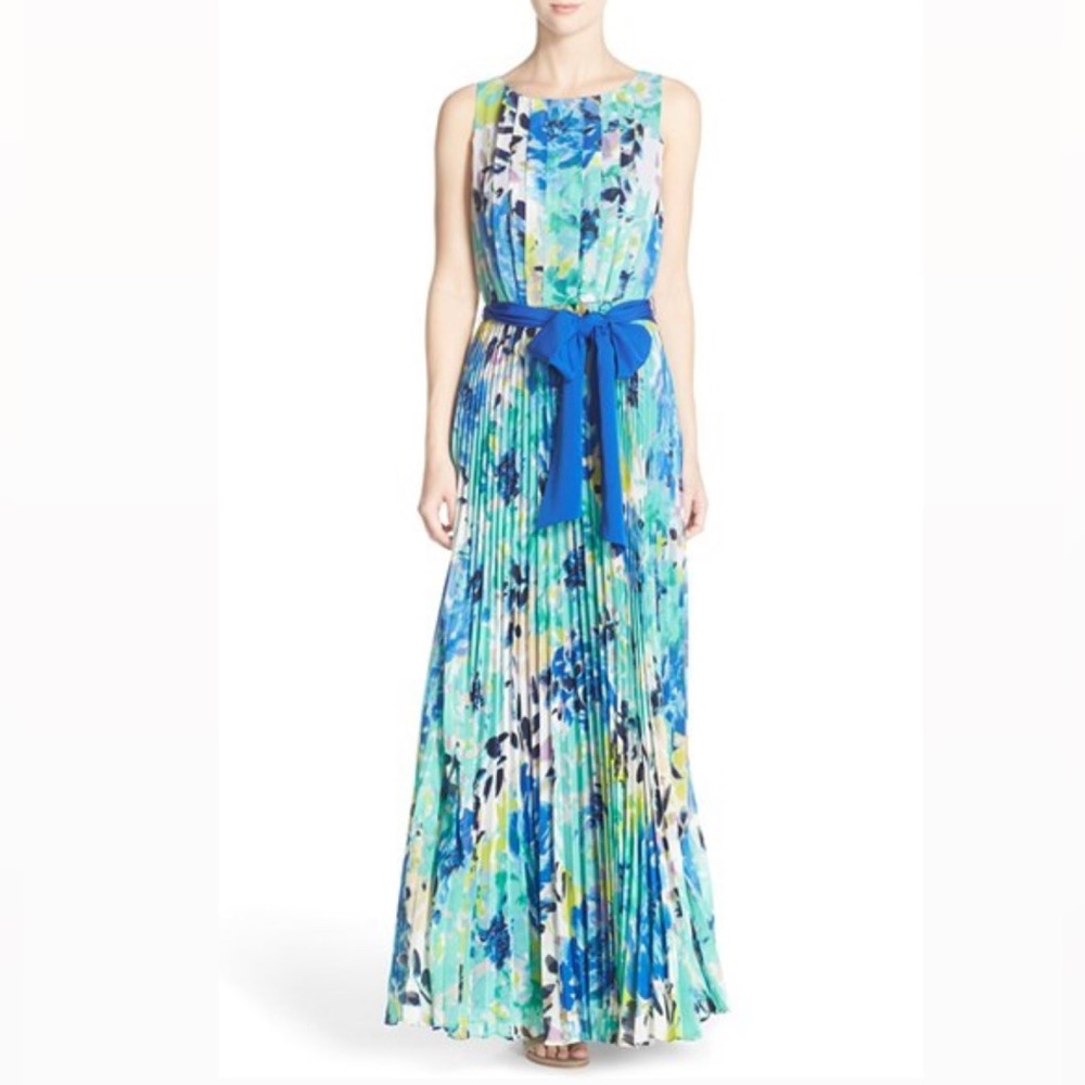 Floral Watercolor Blue Green Trendy Pleated Maxi Formal Dress
